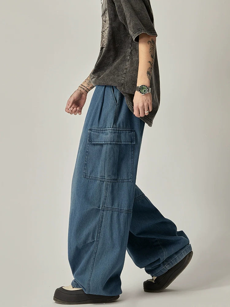 Wide-Leg Washed Black Cargo Jeans with Drawstring Waist