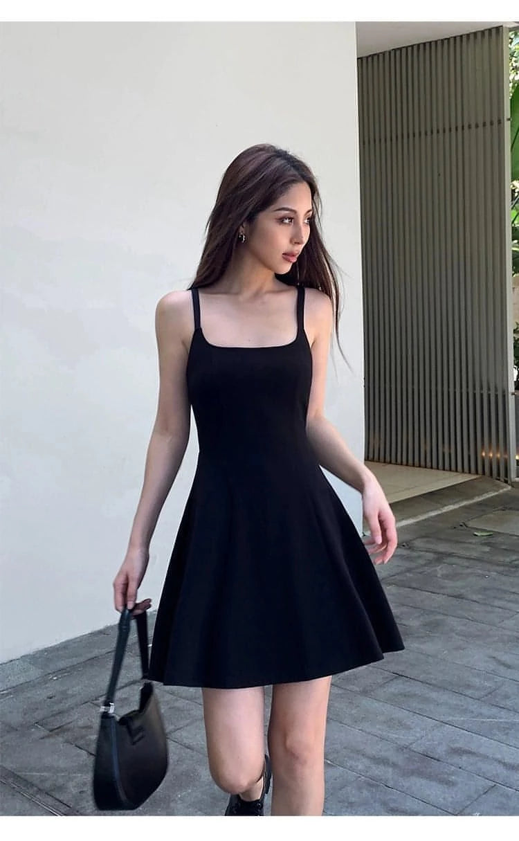 Summer Collection: Black Square-Neck A-Line Dress - chiclara