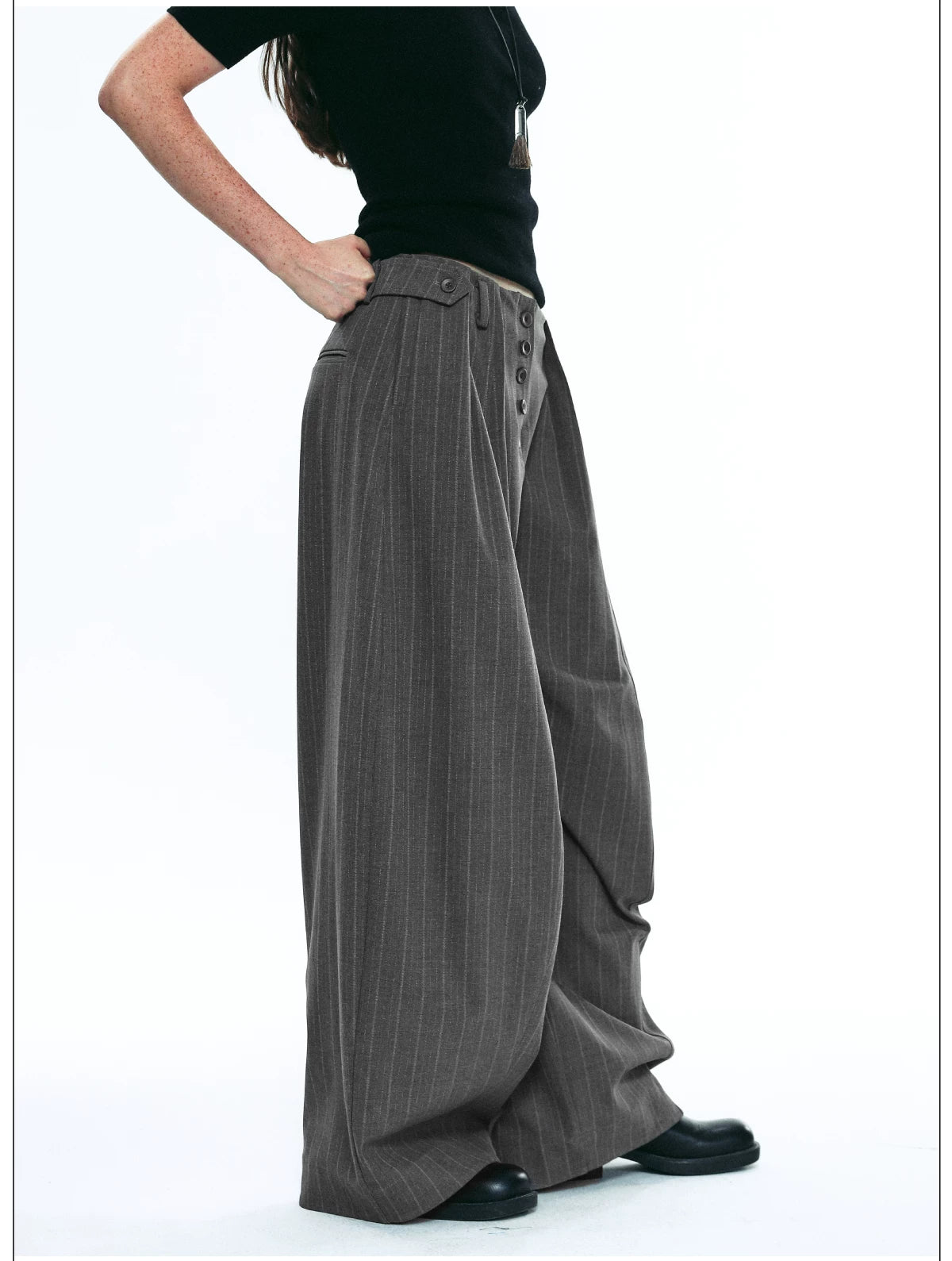 Exposed Button Pinstripe Wide Trousers