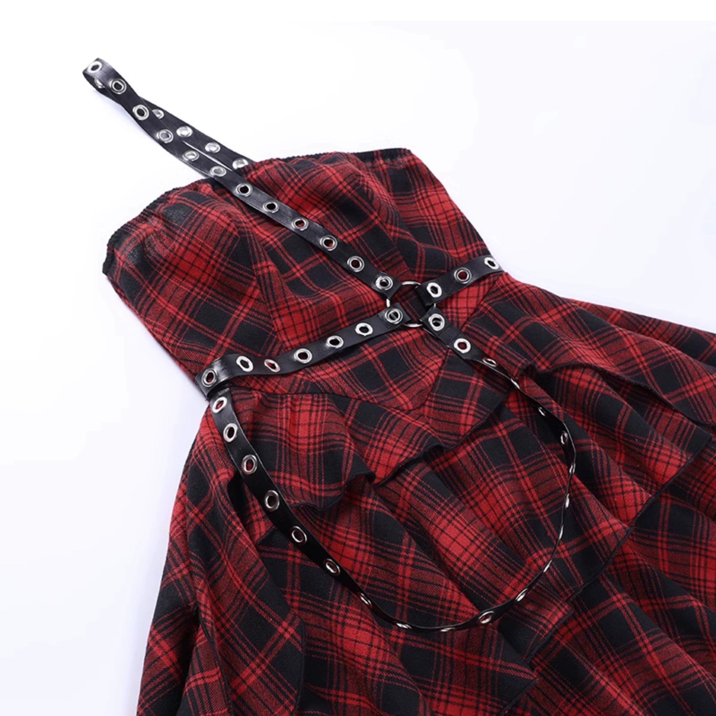 Wannathis Punk Tartan Mini Dress - Red Plaid Ruffle Tiered Goth Dress With Studded Harness