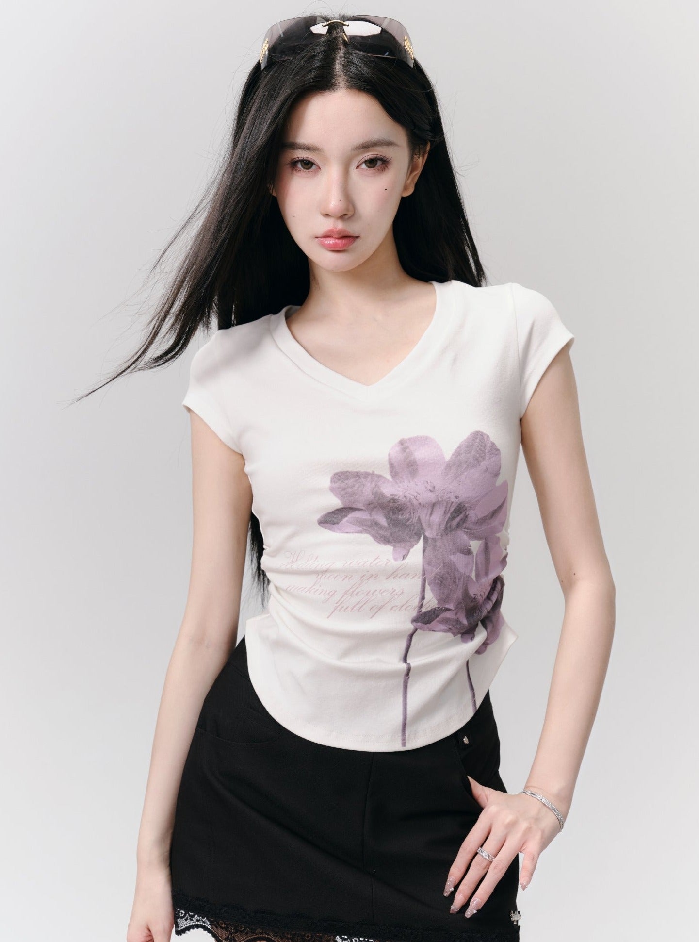 Watercolor Floral Cap Sleeve Ruched T-Shirt