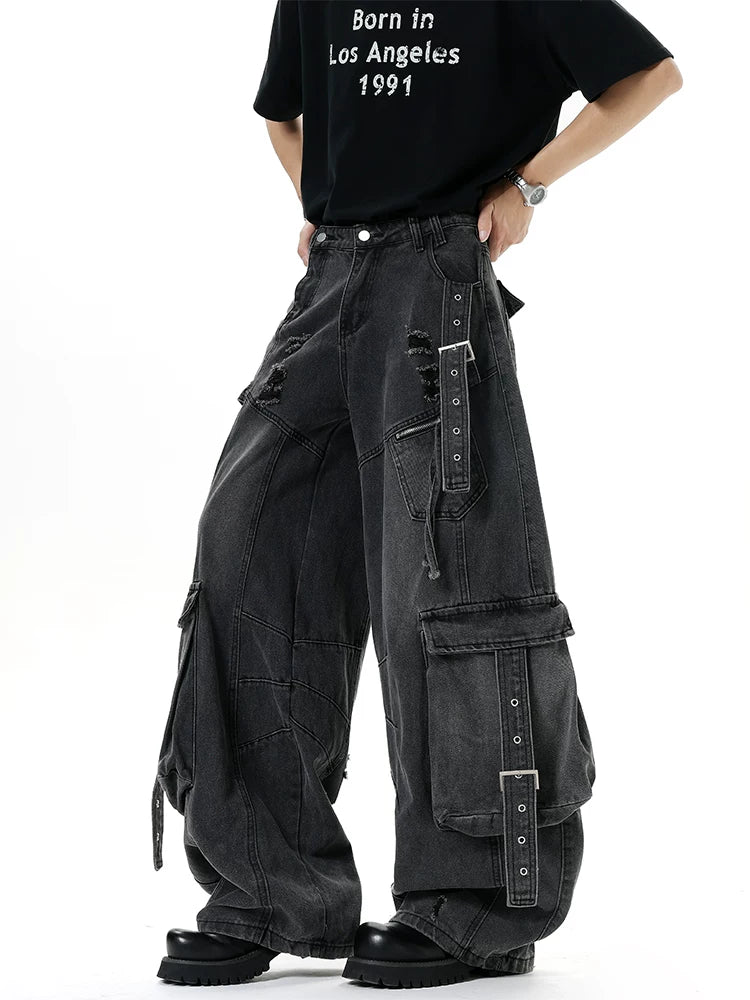 Harness-Ruined Cargo Denim Pants