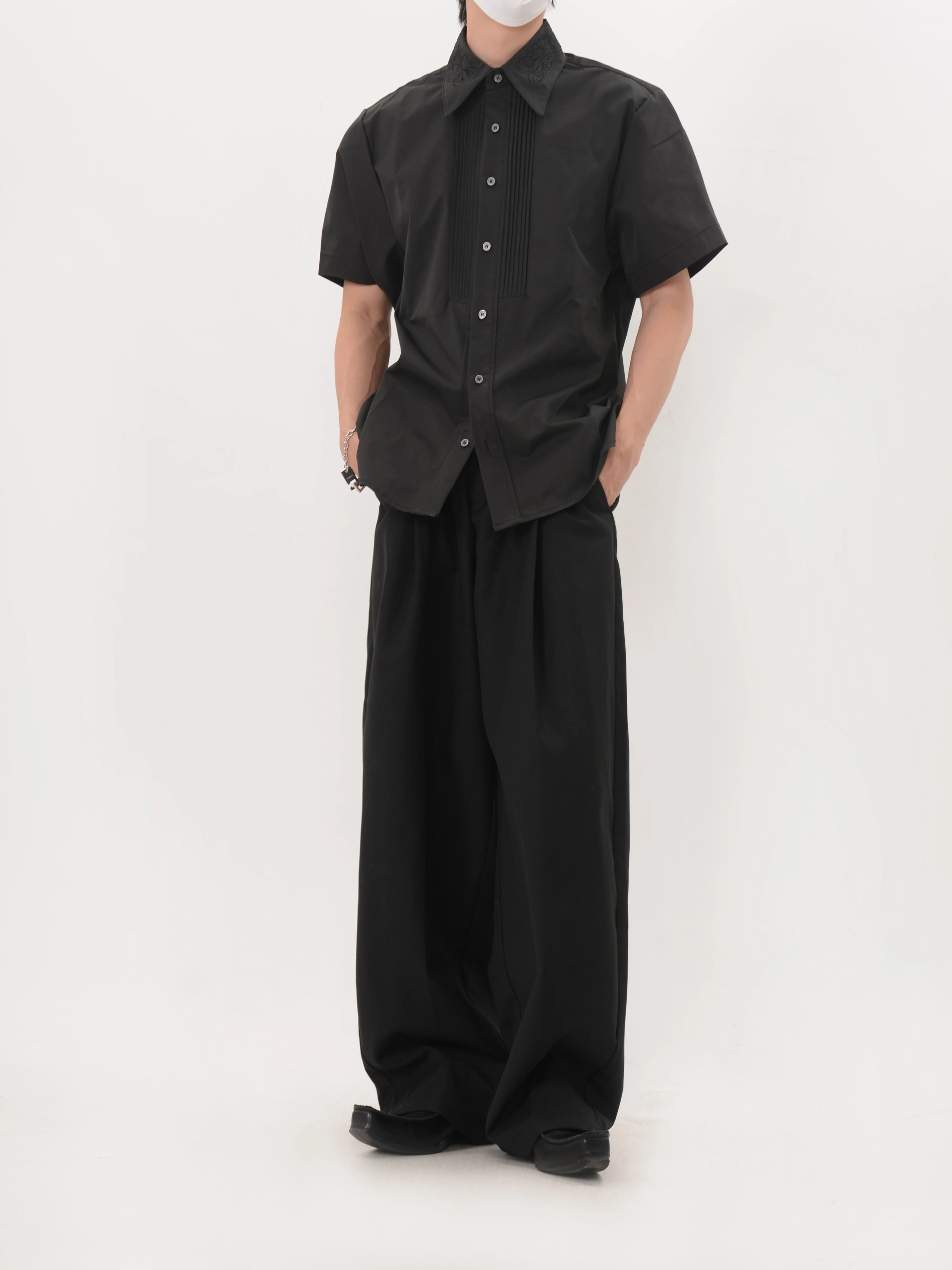 Noir Tux Pleat Embroidered Shirt