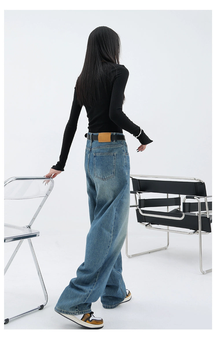 Blue Retro Loose Straight-Leg High-Waist Floor-Length Jeans - chiclara