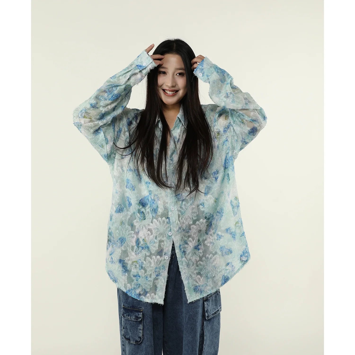 Ethereal Frost Floral Lace Button-Down Shirt