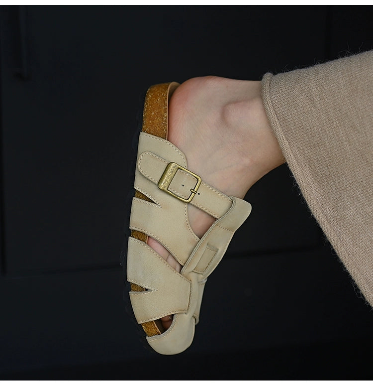 Beige Leather Buckle Strap Sandals