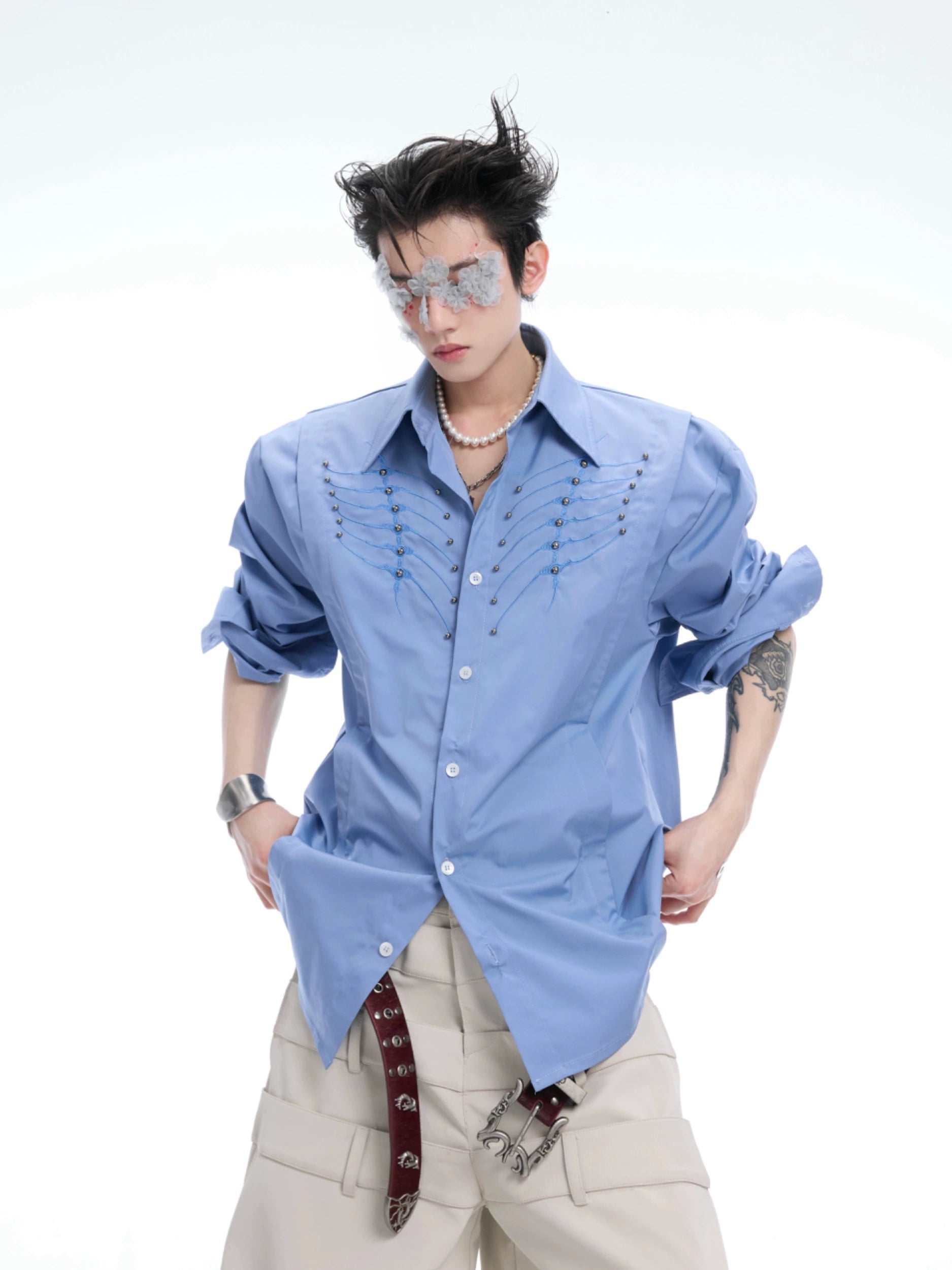 Crystal Chain Blue Button-Up Shirt