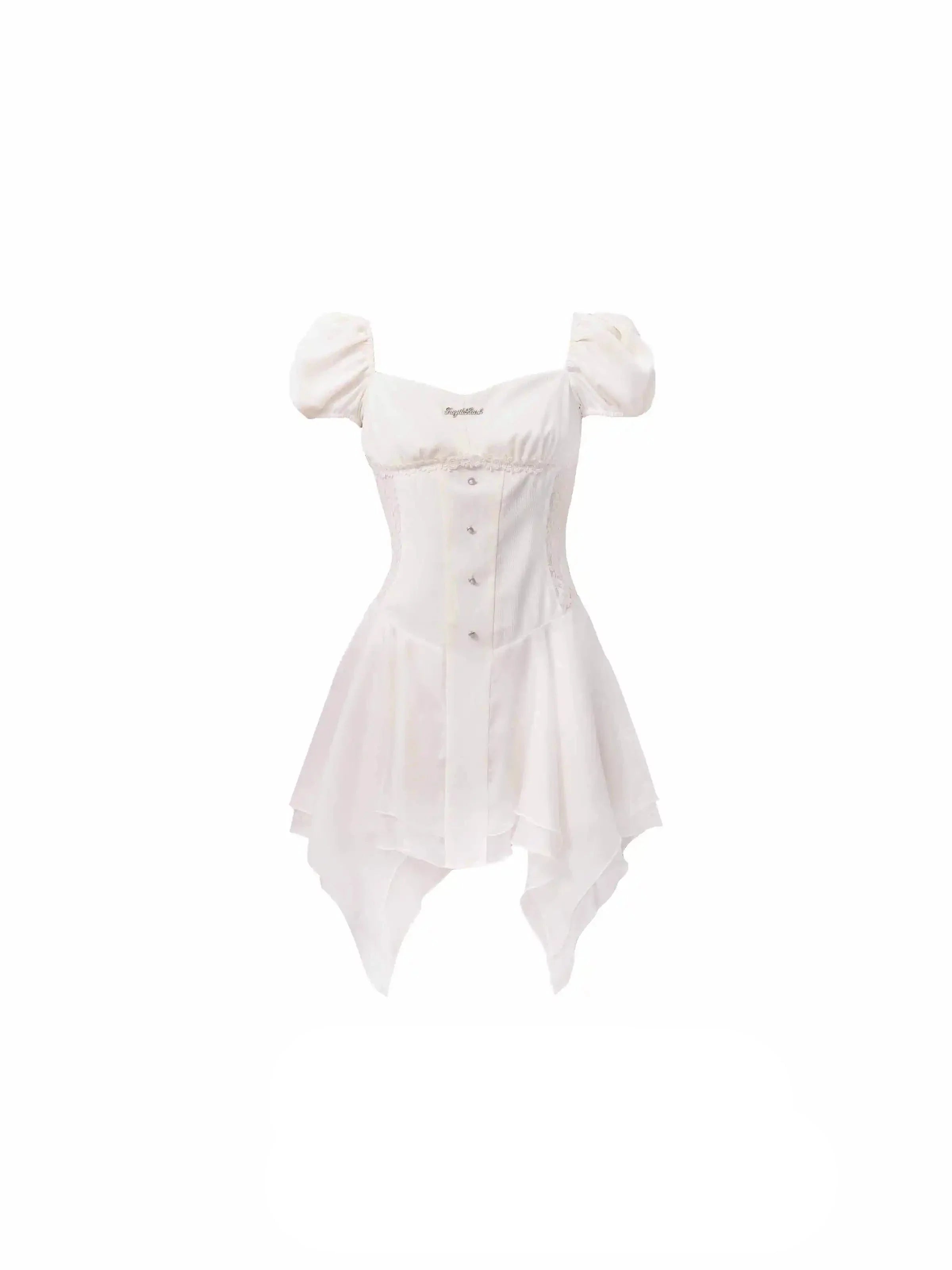 Romantic White Puff Sleeve Mini Dress - Corset-Style Bodice with Handkerchief Hem