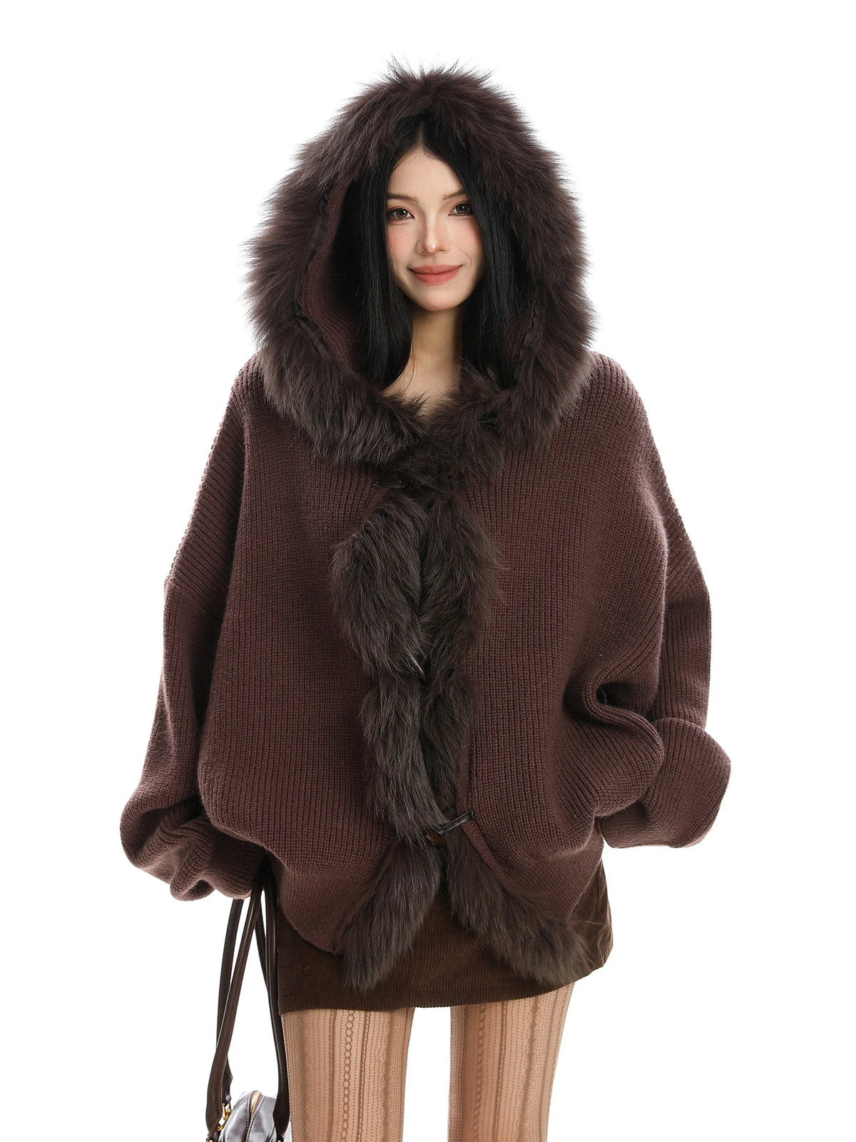 Shadow Luxe Fur-Trim Hooded Knit Cardigan