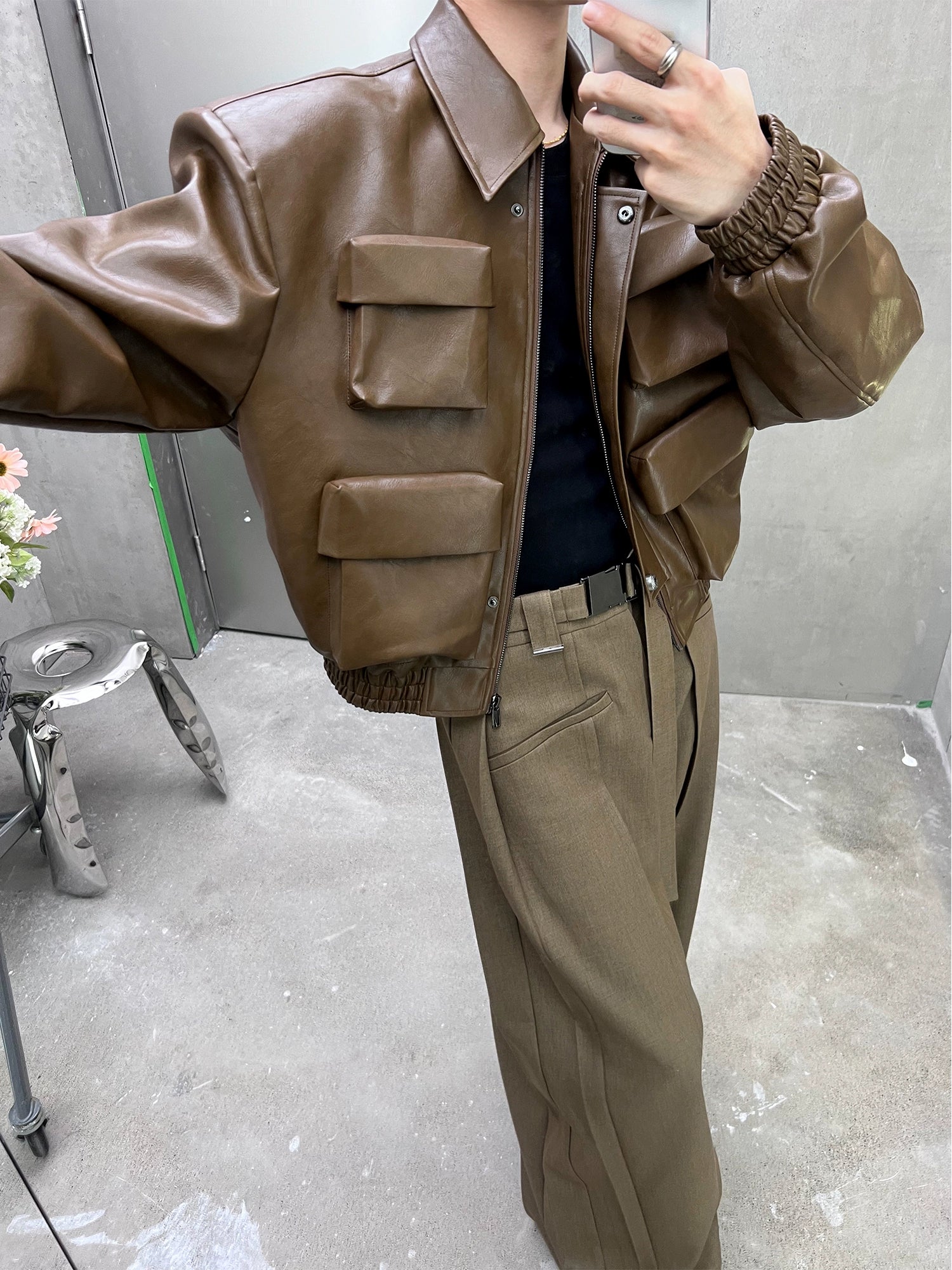 Boxy Faux Leather Cargo Pocket Jacket