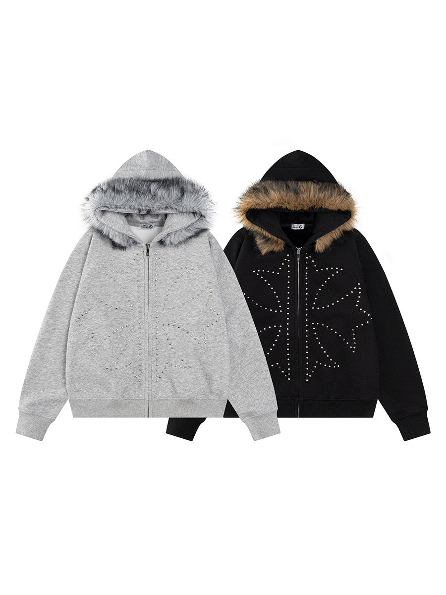 Faux-Fur Collar Studded | Men's Zip-Up Hoodie