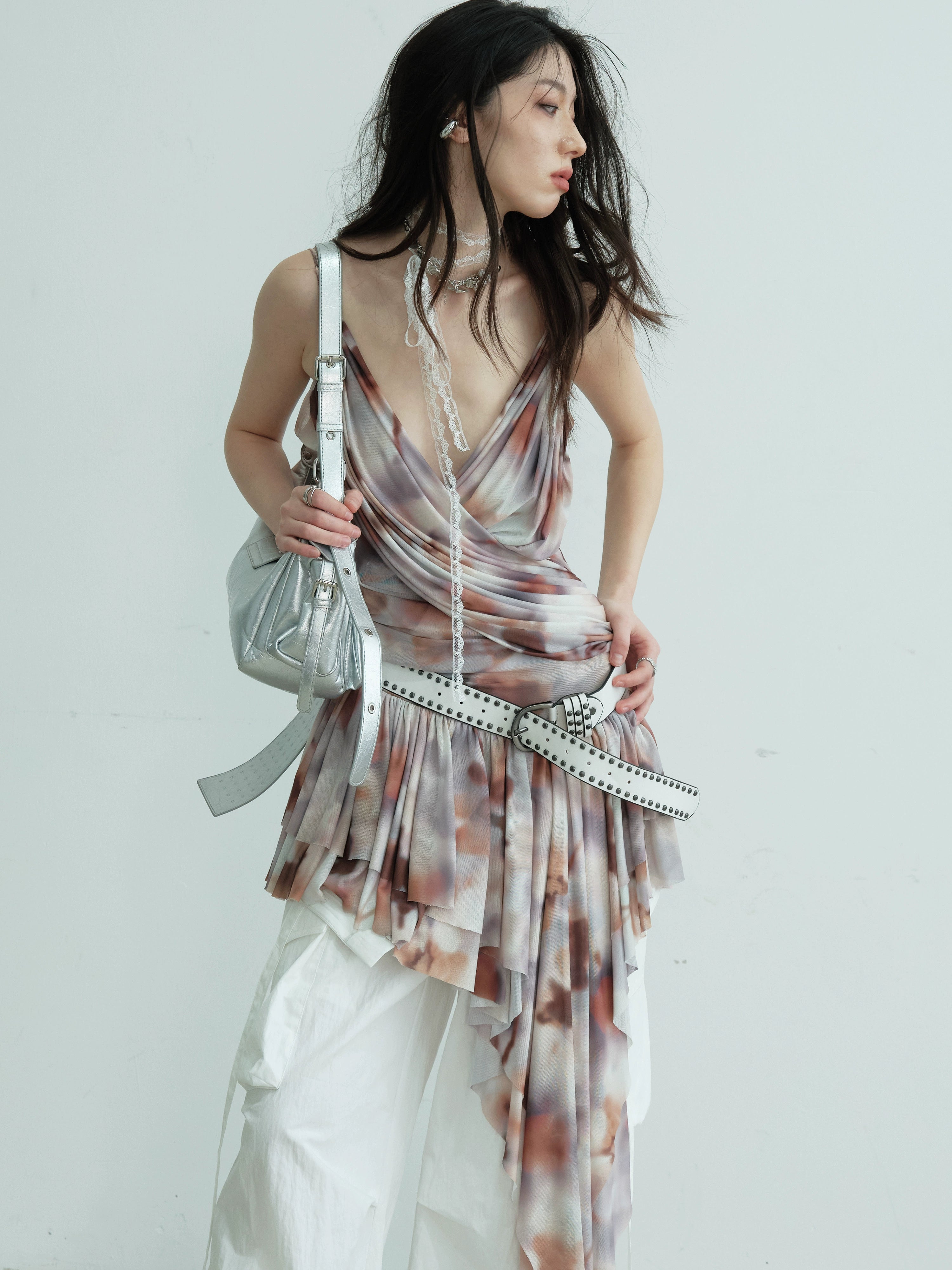 Draped Asymmetric Fringe Metallic Mini Dress