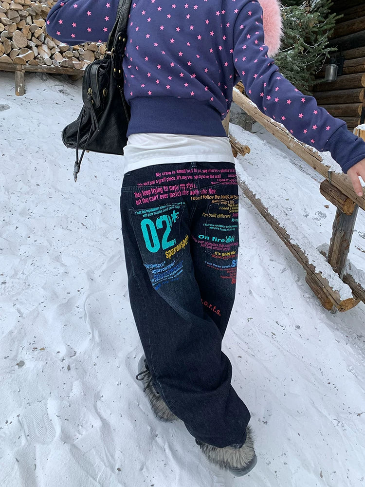 Neon Cipher Graffiti Wide-Leg Jeans