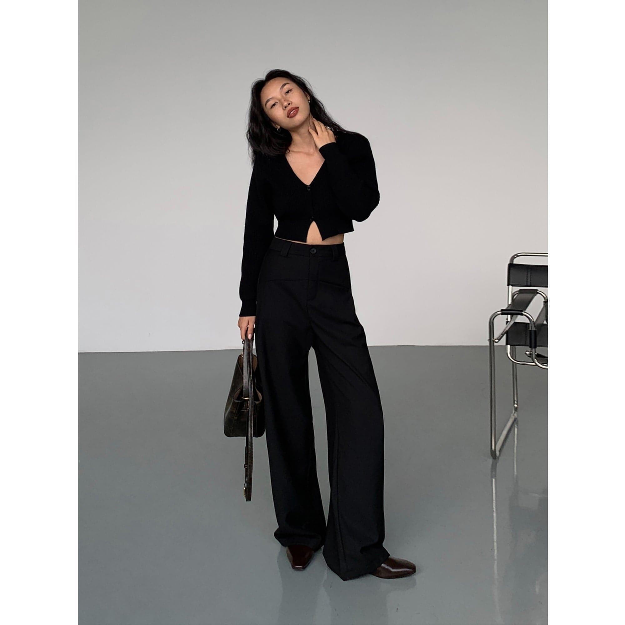 Black High-Waist Straight-Leg Suit Trousers - chiclara