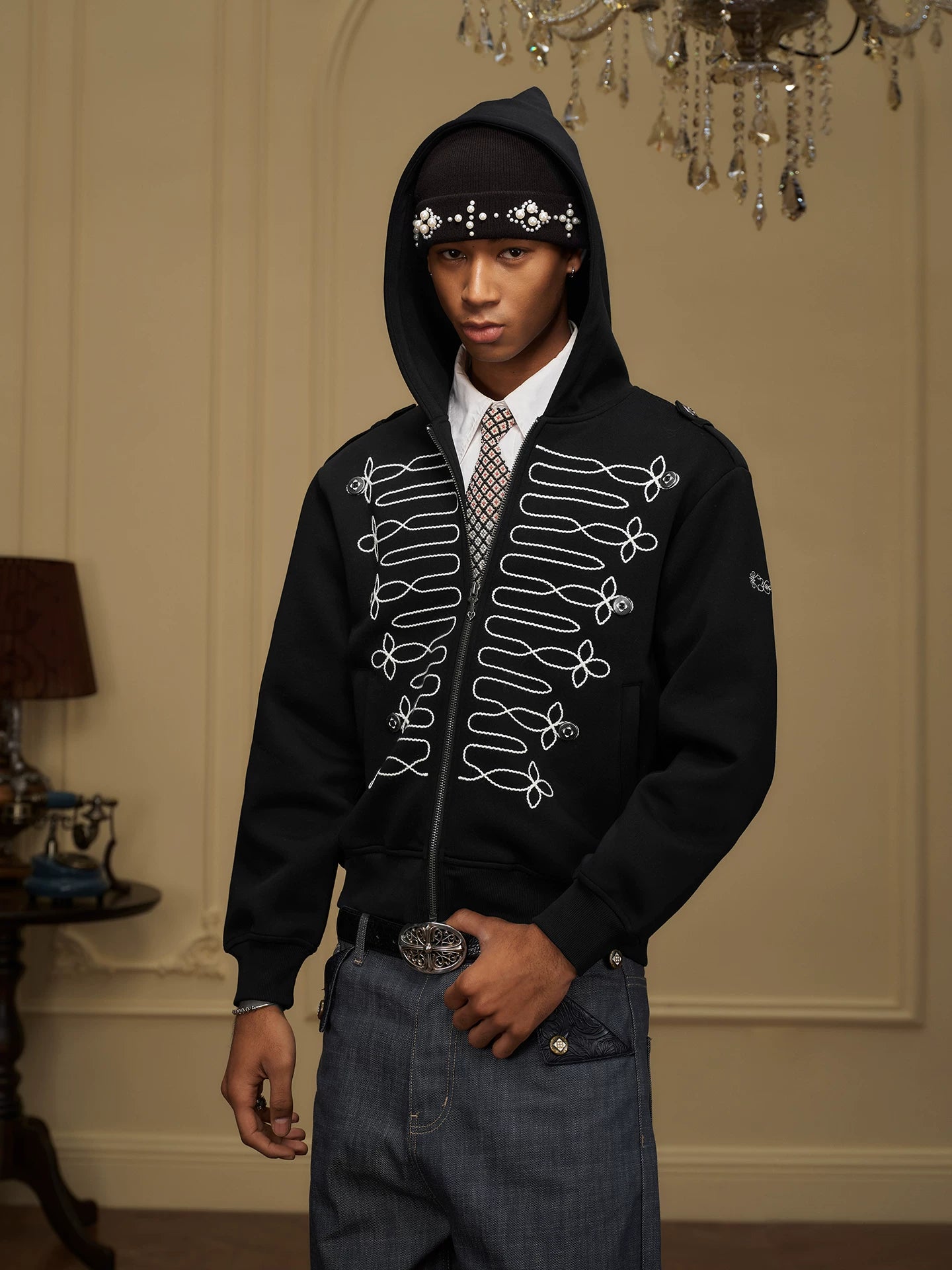 Black Military Embroidered Zip-Up Hoodie