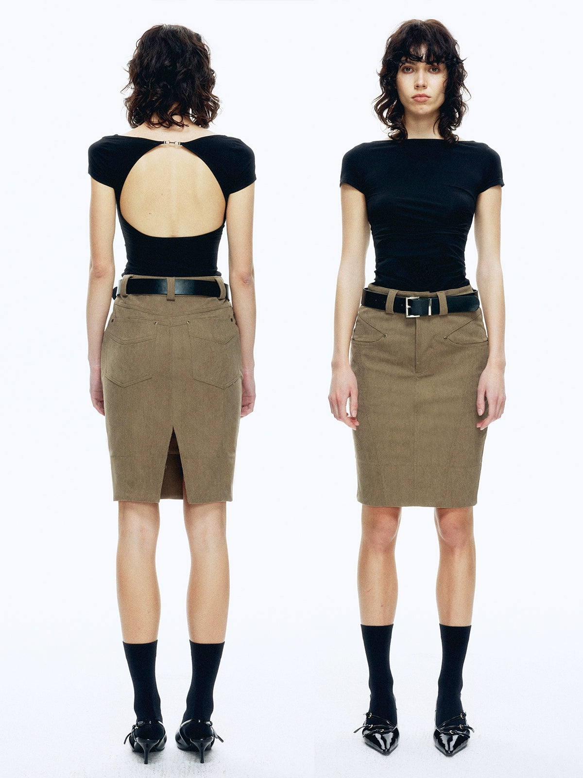 Khaki Corduroy Midi Skirt