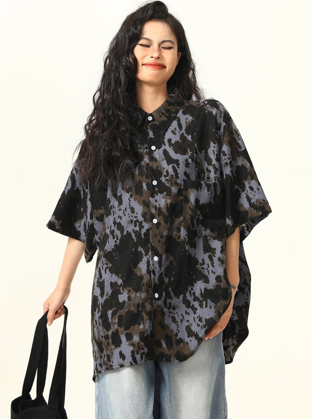 Oversized Tie-Dye Button-Up Shirt in Black and Grey