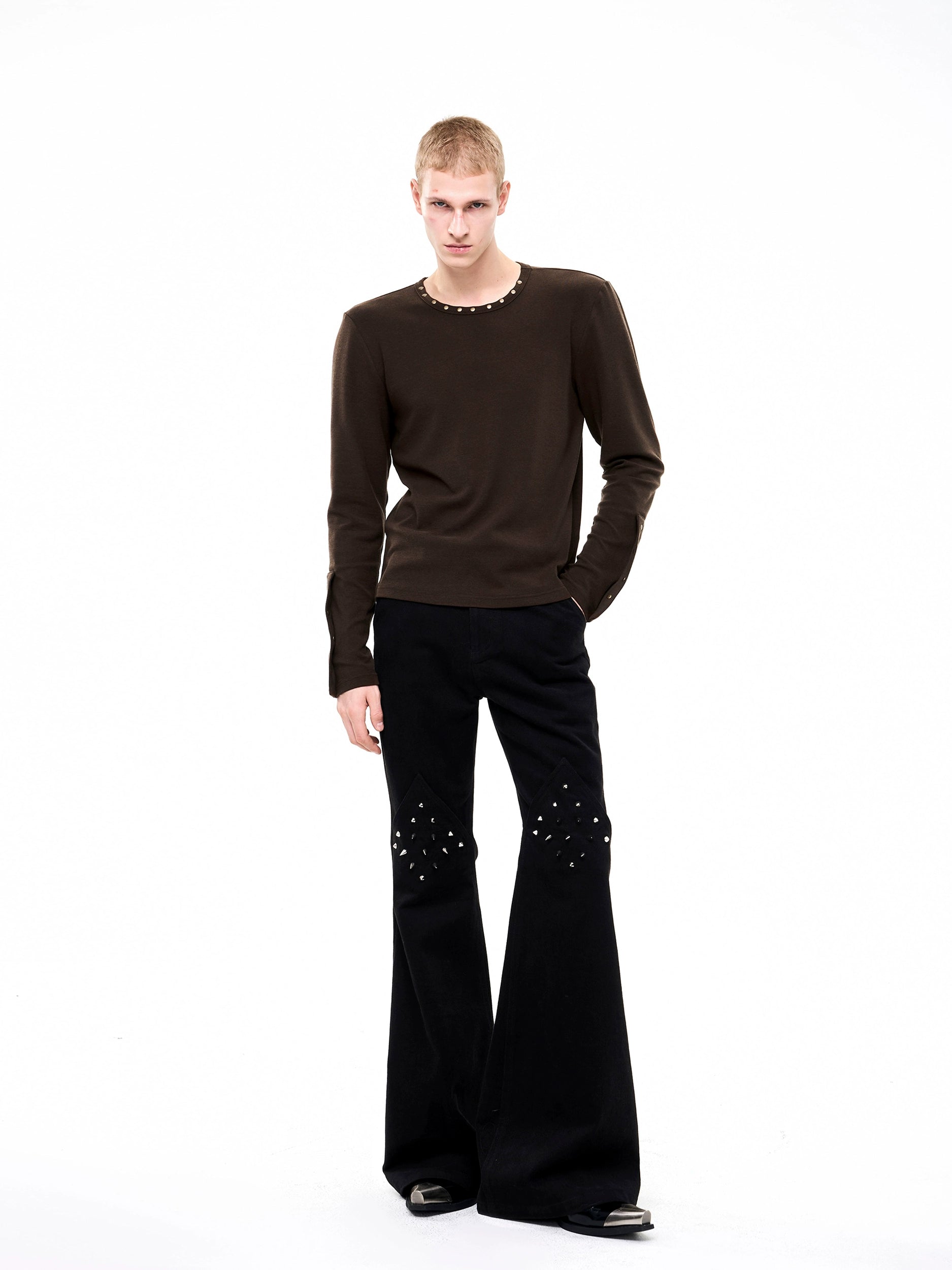 Long Sleeve Top with Studded Neckline and Cuffs