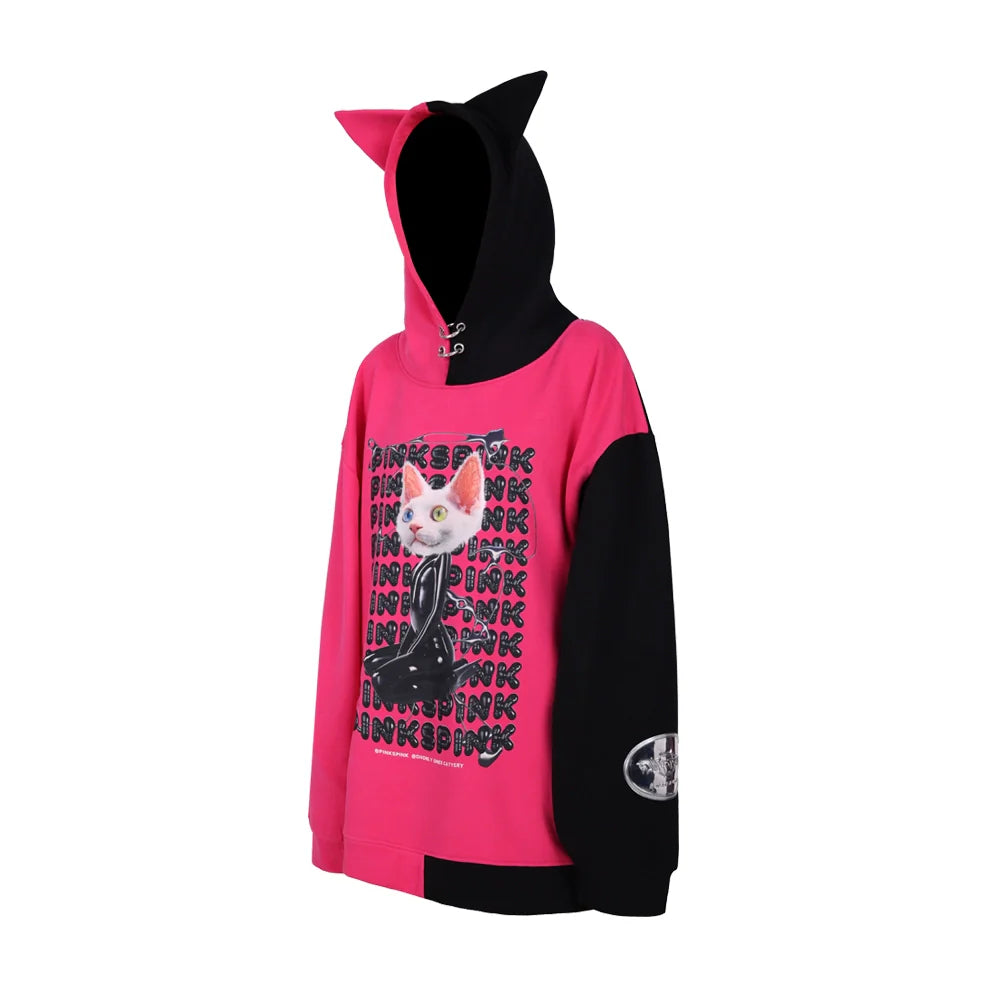 PINKSPINK Cat Graphic Oversized Hoodie - Hot Pink and Black