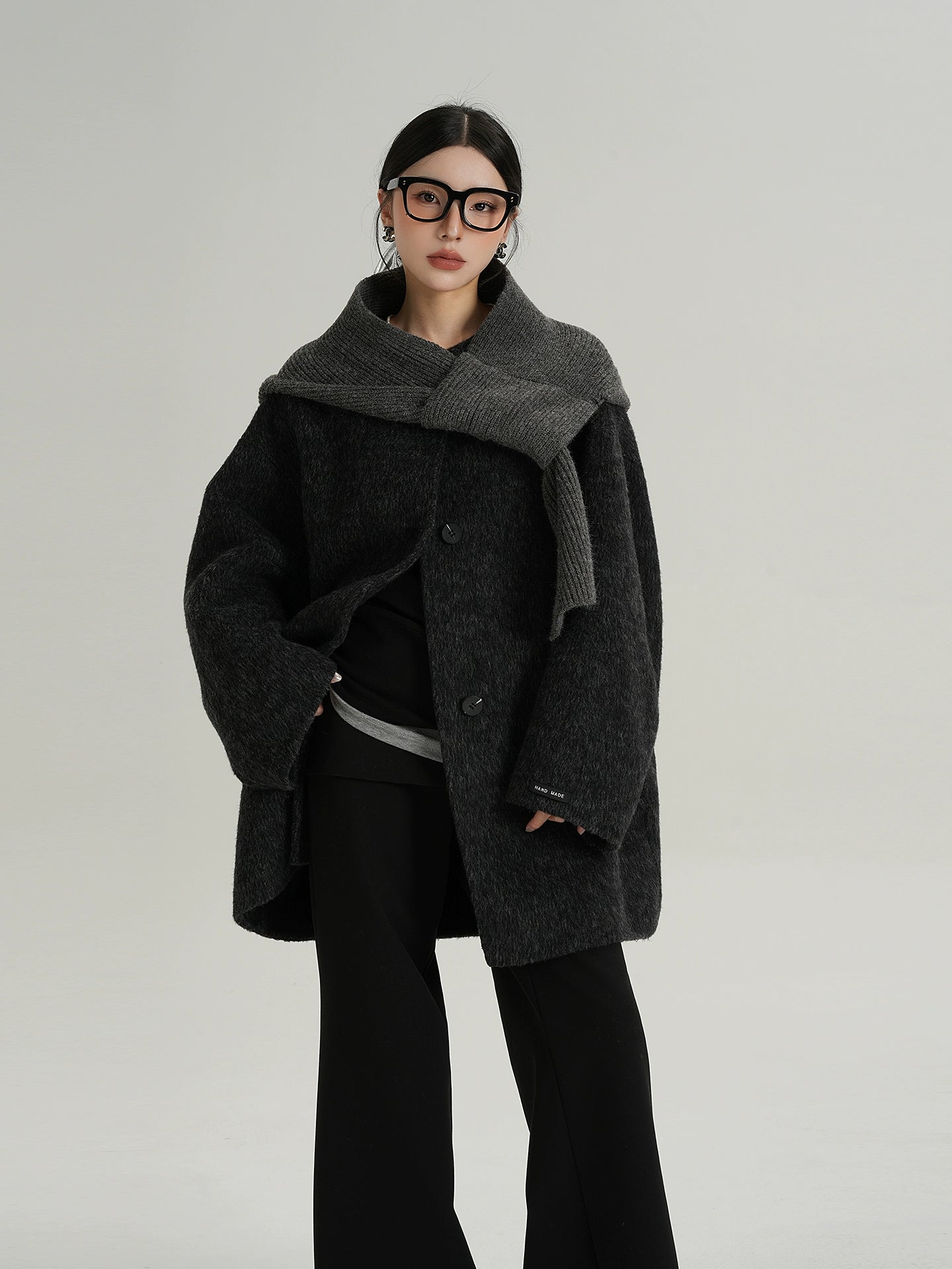 Charcoal Layered Scarf Wool Coat
