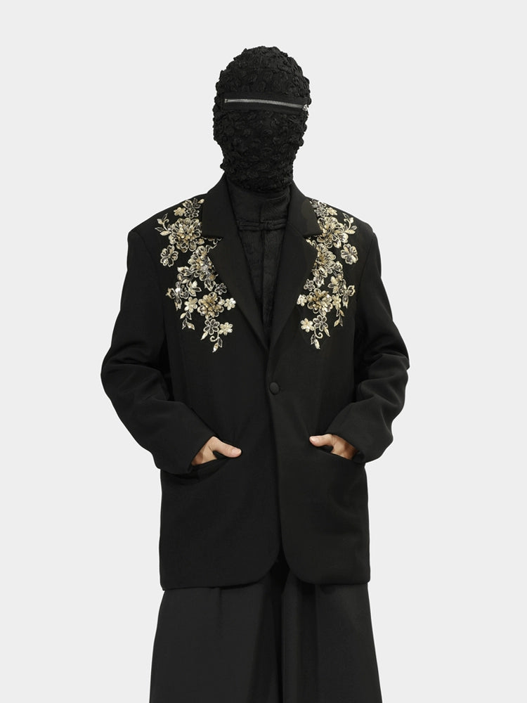Black Blazer with Gold Floral Embroidery on Lapels