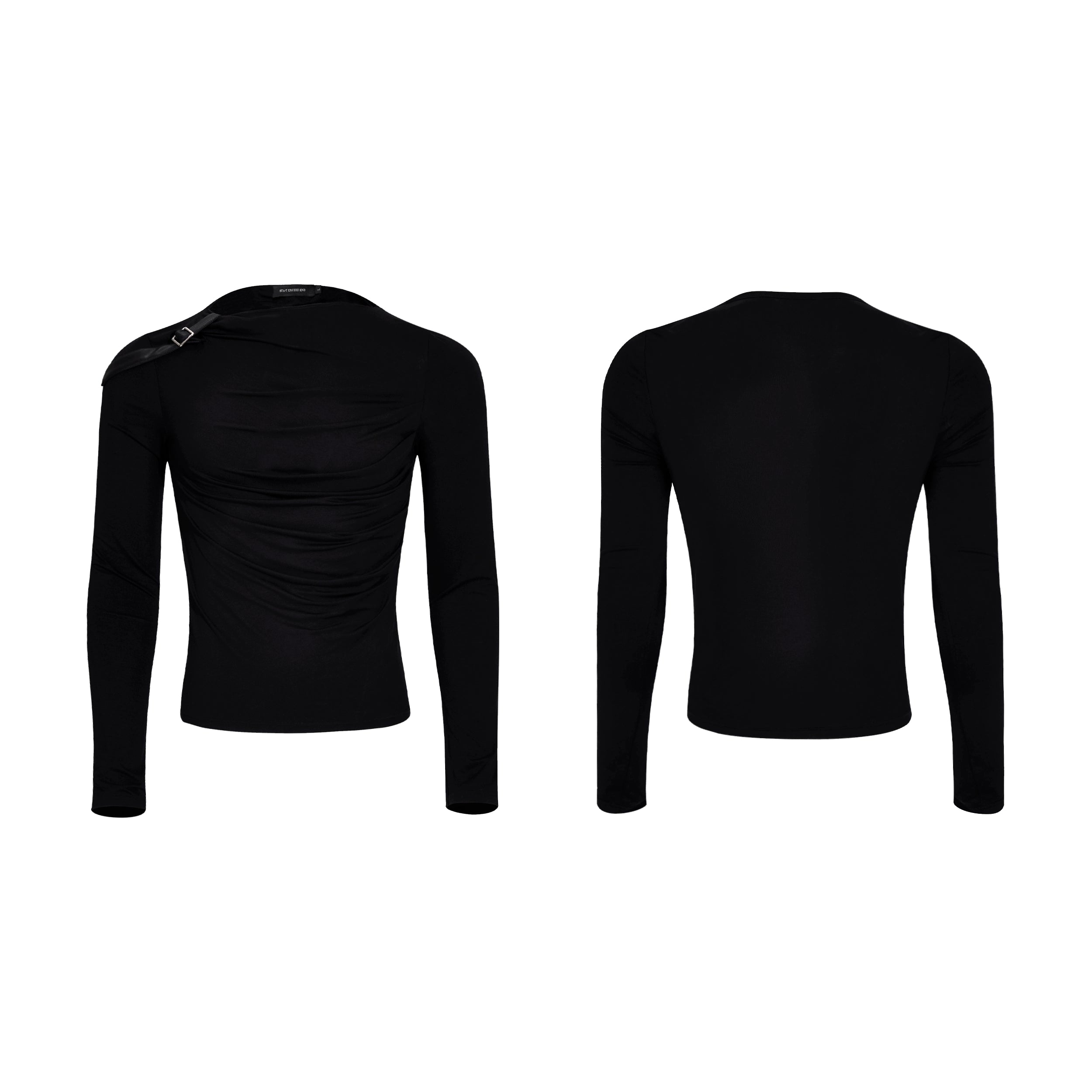 Asymmetrical Drape Black Top with Buckle Detail