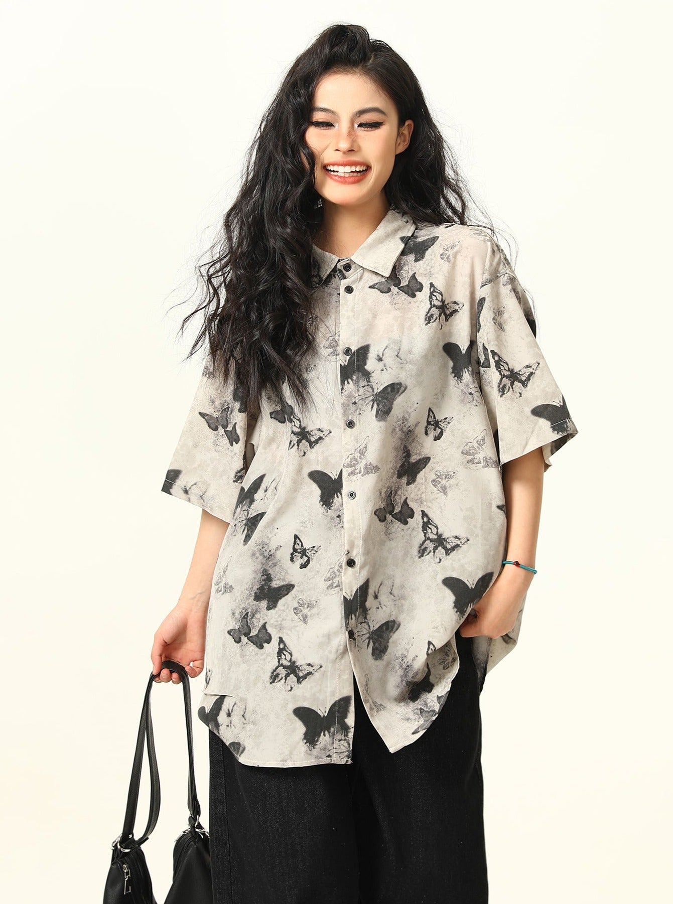 Butterfly Print Pattern Oversized Button-Down Shirt