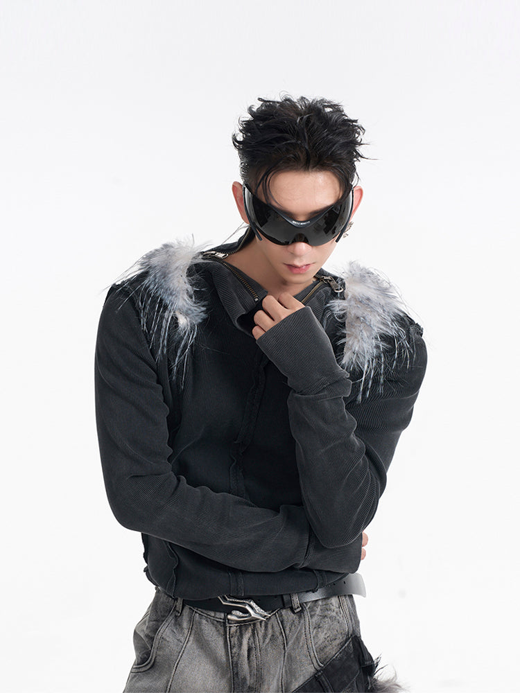 Faux Fur Shoulder Zip-Up Sweatshirt