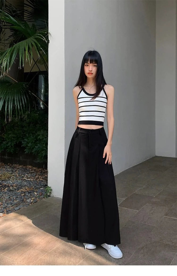 Summer Black High-Waisted Pleated Midi Skirt - chiclara