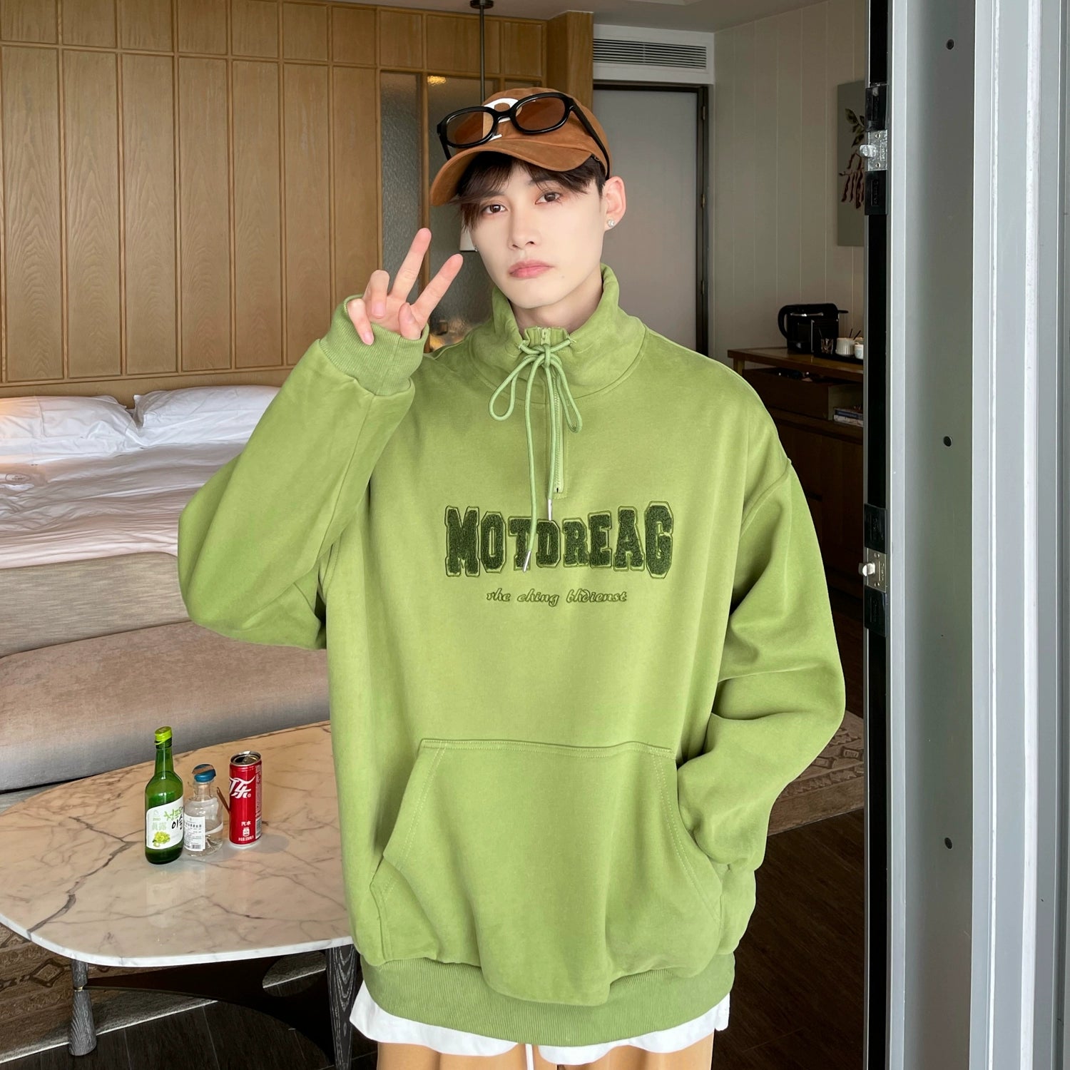 Quarter-Zip Mock Neck Sweatshirt with Embroidered Text