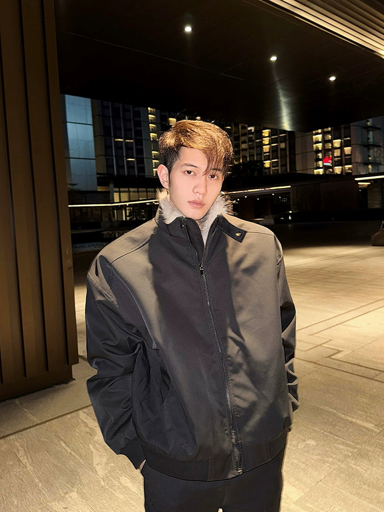 Black Bomber Jacket with Light Faux Fur Trimmed Lapel
