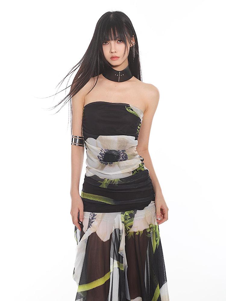 Elegant Floral Mesh Tube Top Dress - chiclara