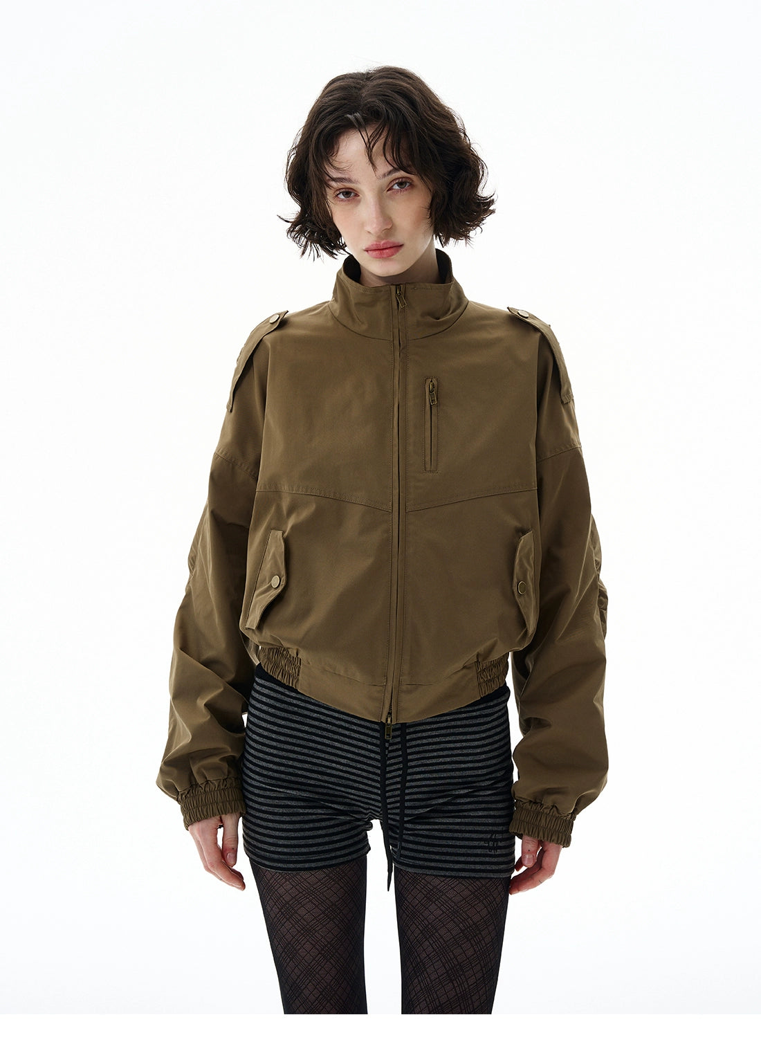 Cropped Utility High Collar Bomber Jacket