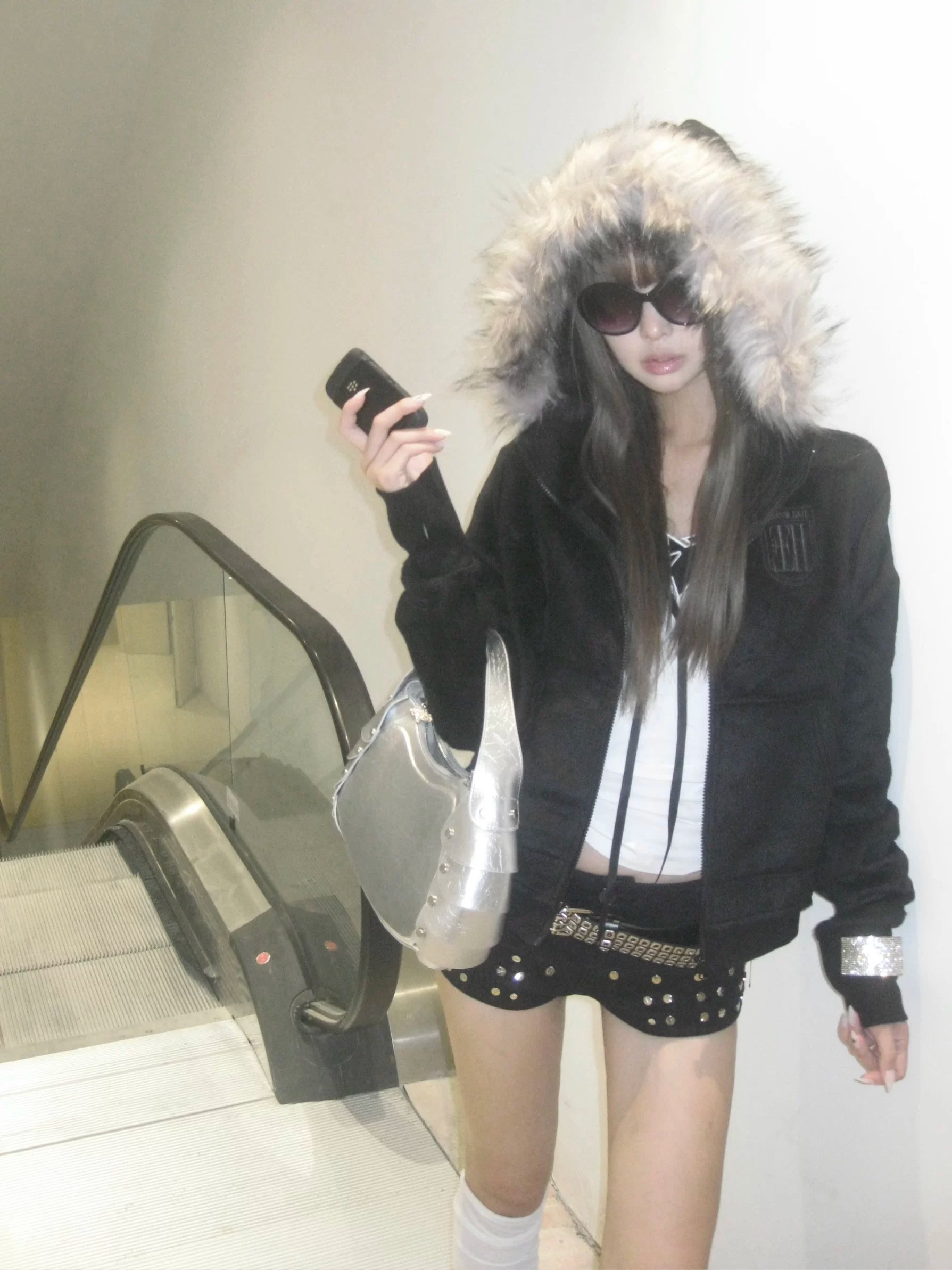 Cross Coffin Gold Raccoon Fur Cropped Hoodie