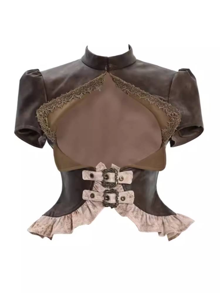 Victorian High Neck Puff Sleeve Corset Top with Lace Trim and Double Buckle Detail