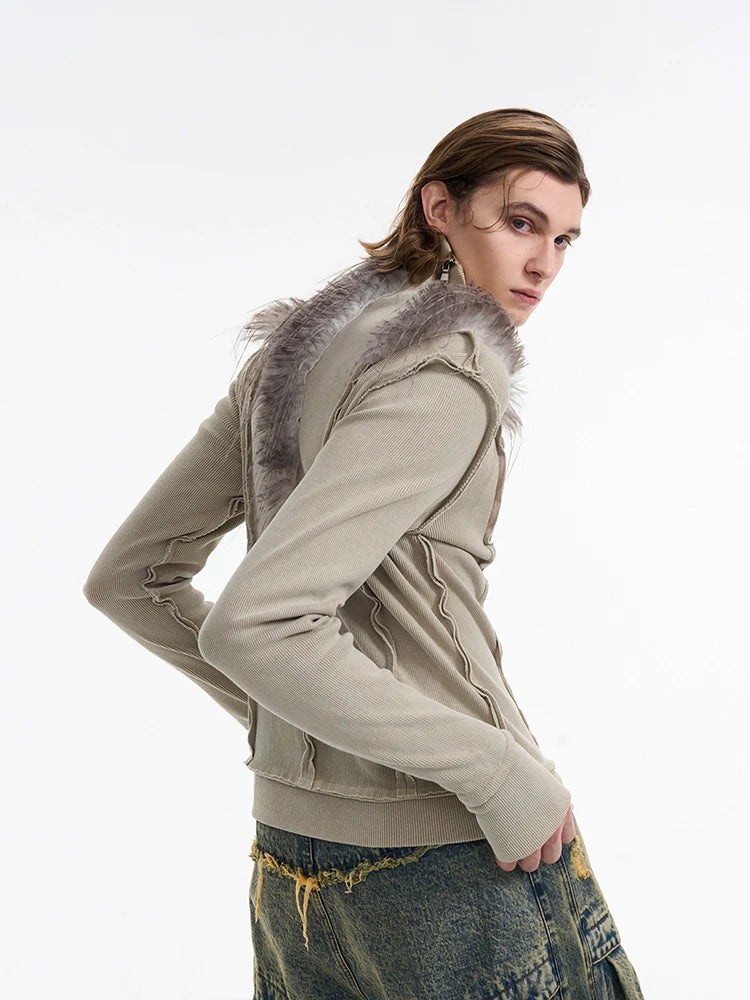 Faux Fur Shoulder Zip-Up Sweatshirt