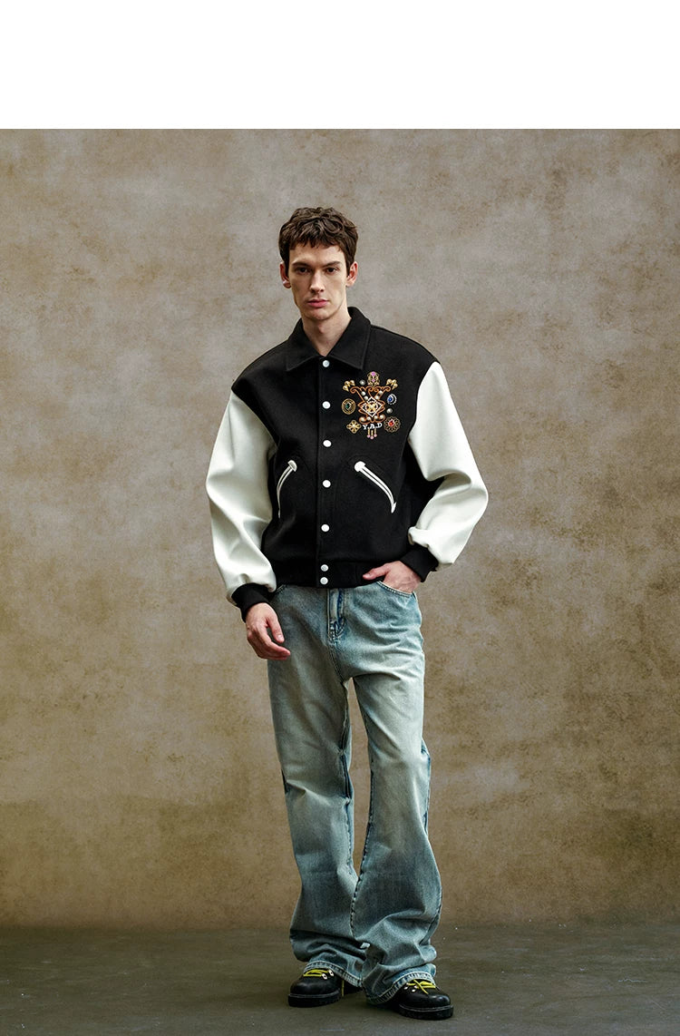 Embroidered Contrast Sleeve Varsity Jacket