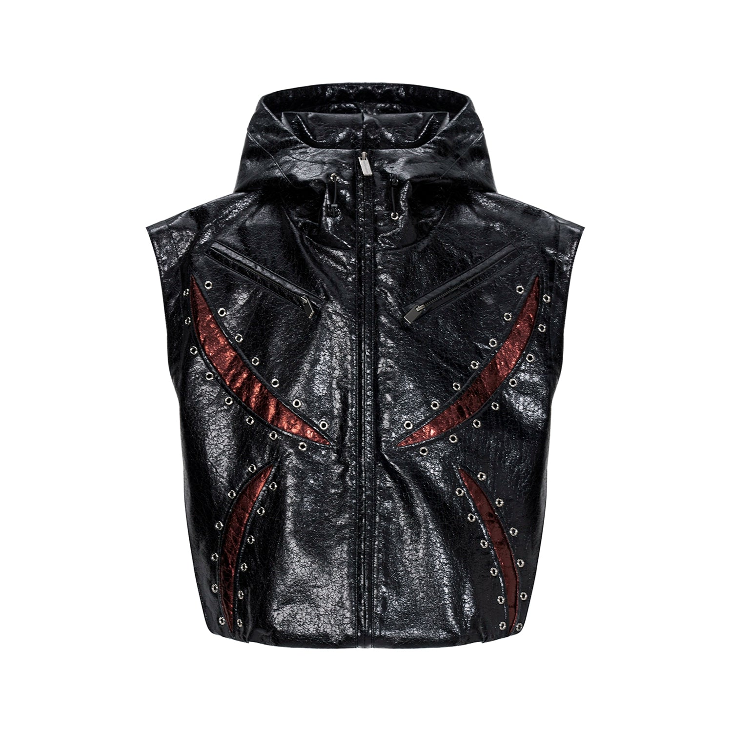 Black Hooded Faux Leather Vest