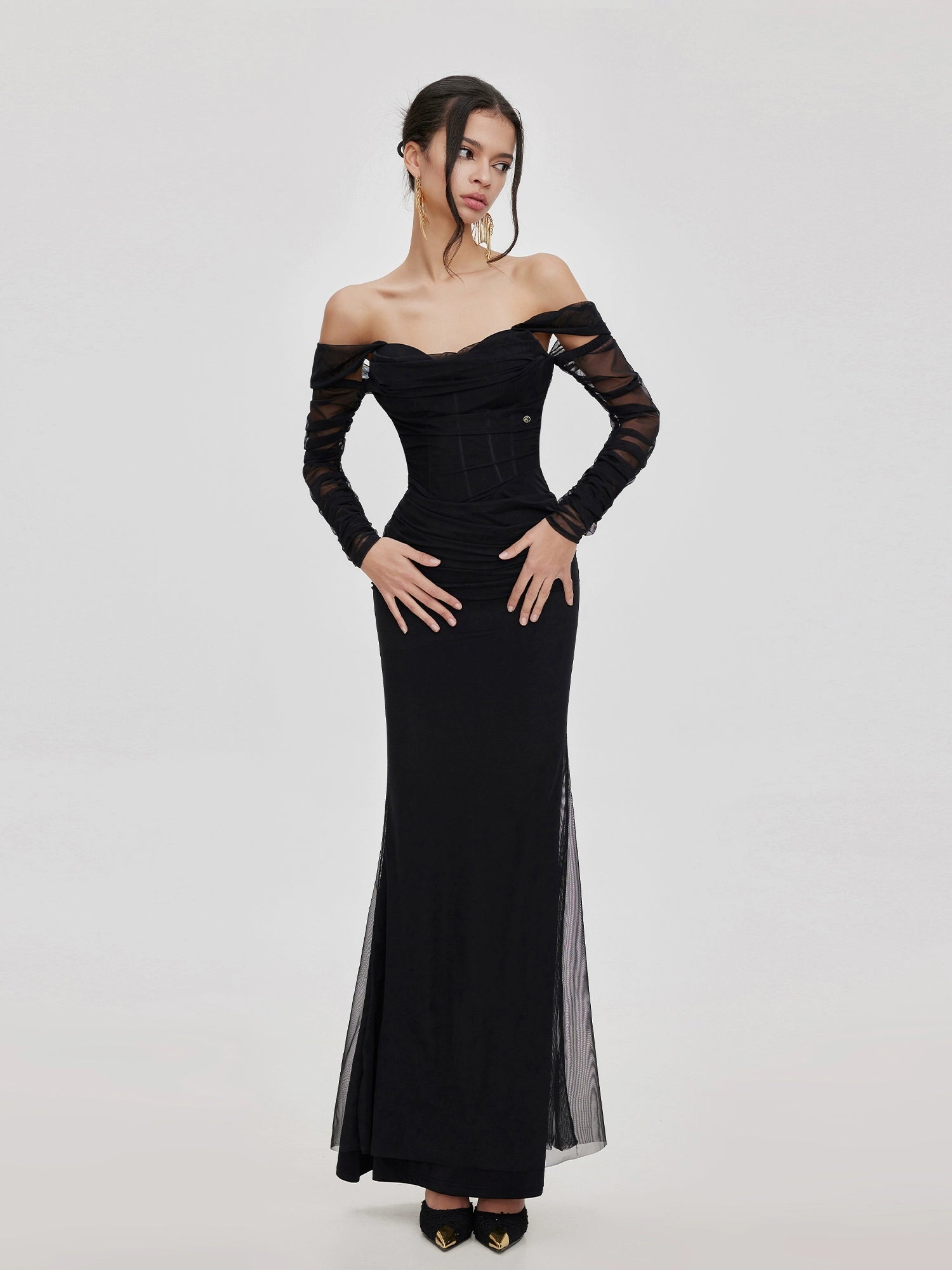 Elegant Off-The-Shoulder Mesh Fishtail Midi Dress - chiclara