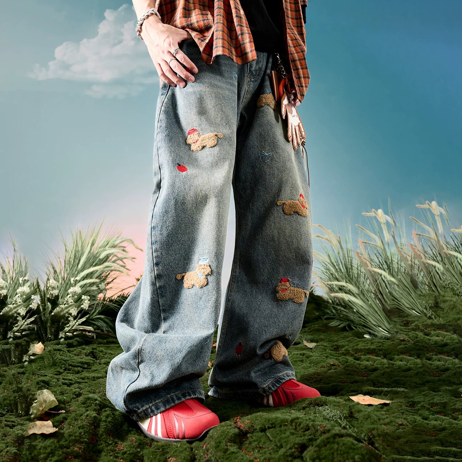 Embroidered Dog Patch Baggy Jeans