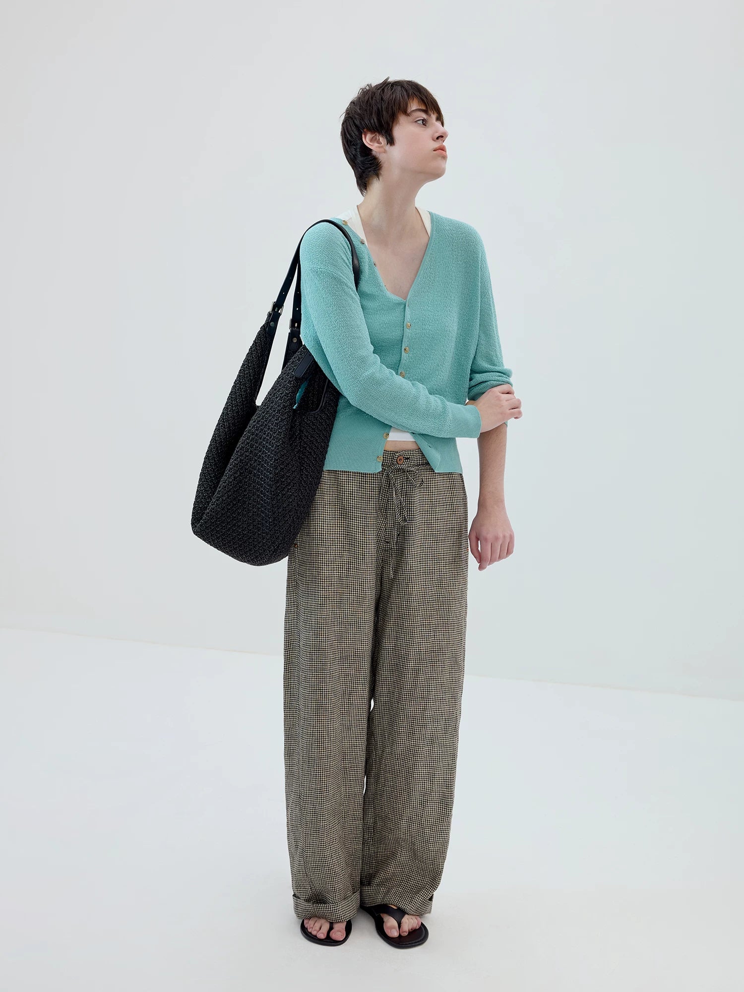 Microcheck Drawstring Wide-Leg Pants