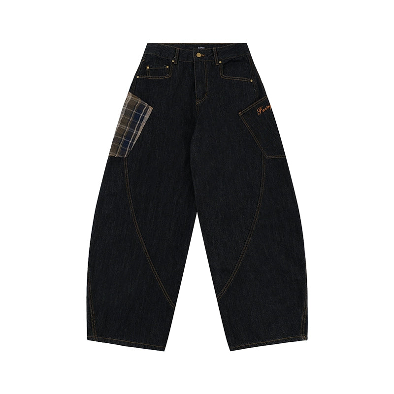 Plaid Patchwork Denim Cargo Pants