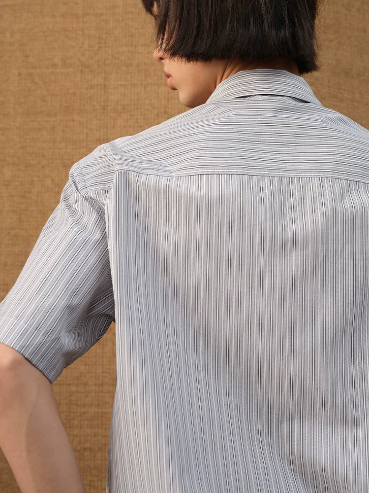 Pinstripe Short-Sleeve Curved-Hem Shirt