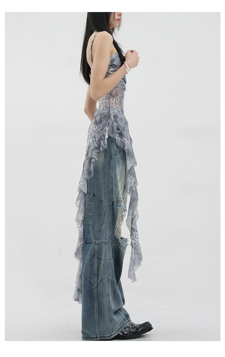 Vintage Distressed And Dirt-Dyed Patchwork Wide-Leg Jeans - chiclara