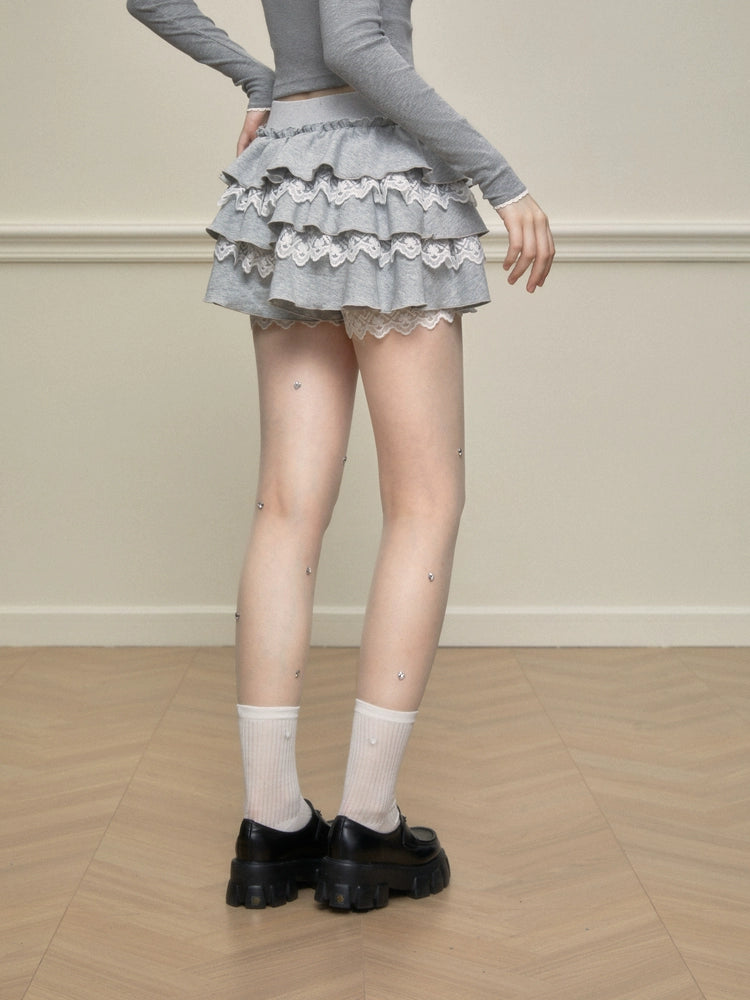 Lace Trim Tiered Ruffle Skort
