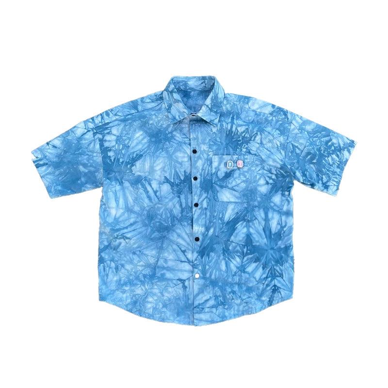 Blue Tie-Dye Short Sleeve Button-Up Shirt