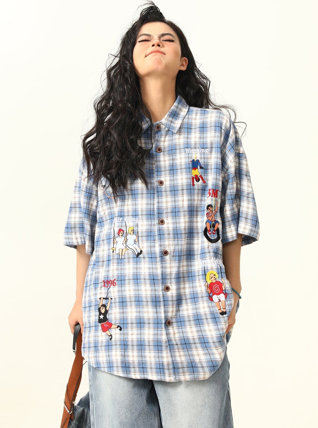 Playful Cartoon Oversized Plaid Button-Up Shirt