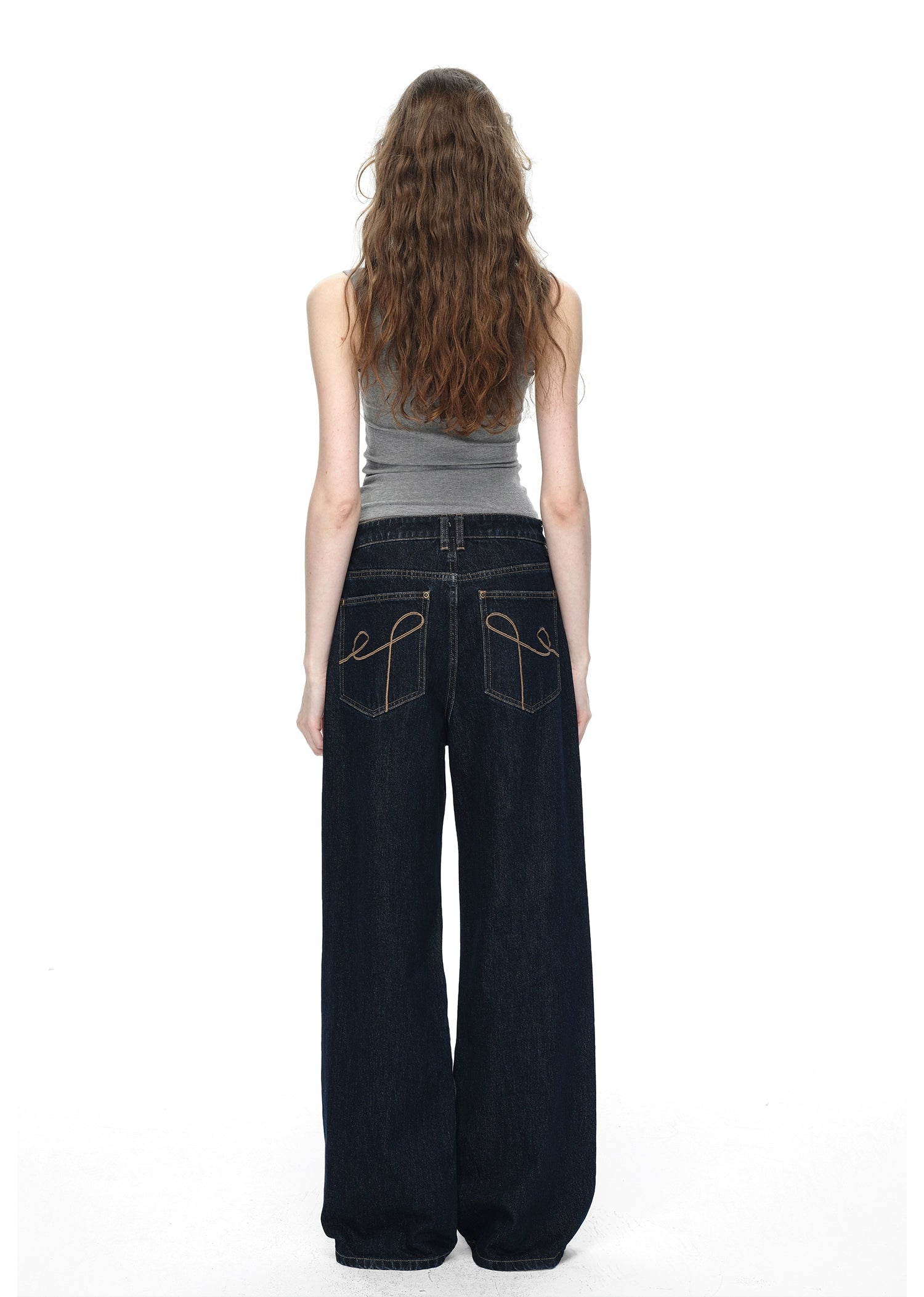 Dark Blue Raw Denim Wide-Leg Jeans