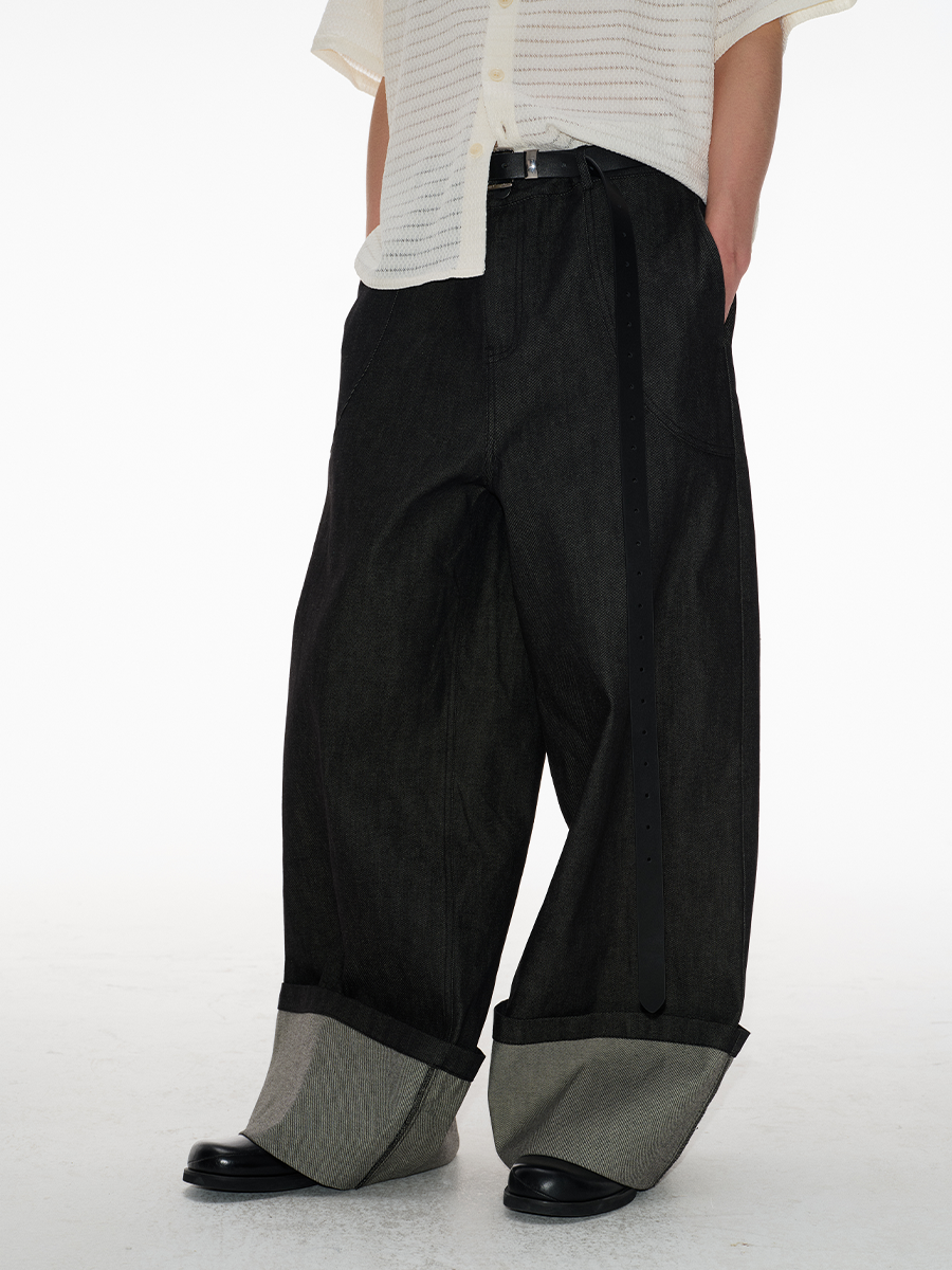 Cuffed Wide-Leg Denim Trousers with Contrast Turn-Up Hem