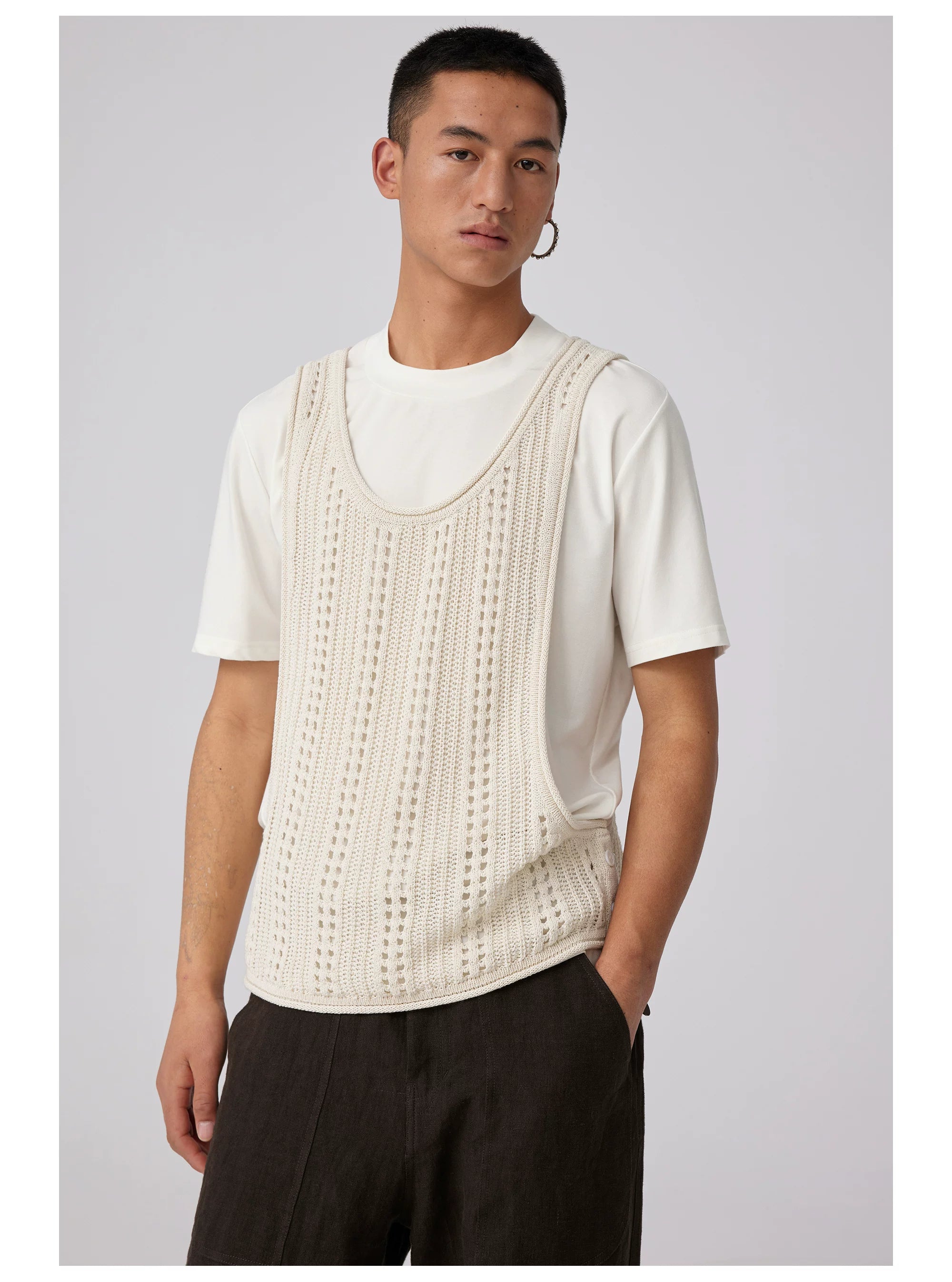 Open-Knit Button-Detail Vest